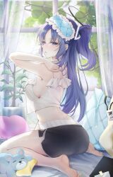 1girl absurdres alternate_costume back barefoot black_halo black_shorts blue_archive blue_eyes blue_hair blush breasts camisole commentary_request crop_top crop_top_overhang dolphin_shorts feet frilled_camisole frills from_side halo hare_(hare_1730) highres indoors large_breasts long_hair looking_at_viewer looking_back mechanical_halo midriff parted_lips see-through_silhouette shirt short_shorts shorts sideboob sitting sleeveless sleeveless_shirt solo spaghetti_strap stuffed_toy thighs toes unworn_blindfold wariza white_camisole window yuuka_(blue_archive)