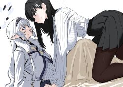2girls absurdres all_fours black_hair black_pantyhose black_skirt blue_archive blush breasts closed_mouth commentary_request grey_eyes halo highres himari_(blue_archive) huge_breasts koppepan_agp long_hair long_sleeves looking_at_another multiple_girls open_mouth pantyhose pleated_skirt pointy_ears red_eyes rio_(blue_archive) shirt simple_background skirt straddling sweat sweater white_background white_hair white_shirt white_sweater yuri