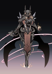 1girl absurdres armor black_cape blonde_hair cape character_request energy_weapon energy_whip faucre_the_evil_overlord full_armor highres holding holding_sword holding_weapon holding_whip horns korean_commentary last_origin crossed_legs looking_at_viewer open_hand science_fiction solo spikes sword tajyador walking weapon white_eyes