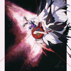 1girl absurdres black_wings butterfly_over_eye chaos_(pgr) dress extra_arms extra_eyes grey_hair highres long_hair punishing:_gray_raven puyuyan solo space string string_of_fate veins very_long_hair white_dress white_hair wings