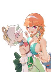 2girls angelchama aqua_hair asymmetrical_docking blue_shorts breast_envy breast_press breasts cecilia_immergreen cecilia_immergreen_(1st_costume) cleavage doll_joints dress green_eyes green_hair headband highres hololive hololive_english joints large_breasts looking_at_viewer multicolored_hair multiple_girls official_alternate_costume open_mouth orange_hair purple_eyes shorts small_breasts smile streaked_hair takanashi_kiara takanashi_kiara_(casual) virtual_youtuber white_dress white_hair white_headband winding_key
