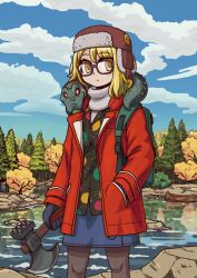 1girl alligator animal animal_on_shoulder arm_at_side axe backpack badge bag black-framed_eyewear black_gloves black_shirt blonde_hair blue_skirt blue_sky brown_hat brown_pantyhose button_badge buttons closed_mouth cloud coat crocodilian day expressionless fate/grand_order fate_(series) feet_out_of_frame fur-trimmed_headwear fur_trim game_cg glasses gloves green_bag hand_in_pocket hat holding holding_axe lapels long_sleeves looking_to_the_side mike_fink_(fate) nature notched_lapels official_art open_clothes open_coat orange_eyes outdoors pantyhose paul_bunyan_(fate) print_shirt red_coat river riyo_(lyomsnpmp) scarf shirt short_hair skirt sky solo standing sunlight super_bunyan_(fate) super_bunyan_(first_ascension)_(fate) third-party_source ushanka variant_set white_scarf