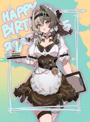 1girl 2025 :o absurdres alternate_costume apron black_hairband breasts brown_dress brown_hair cake cake_slice chinese_commentary commentary_request cowboy_shot dress drink enioreh food gloves grey_eyes hair_intakes hairband happy_birthday highres holding holding_notepad honkai_(series) honkai_impact_3rd large_breasts maid maid_apron maid_headdress medium_hair notepad orange_background solo thigh_strap thighs vill-v white_apron white_gloves