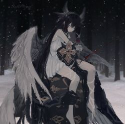 1boy 1girl angel_wings artist_name barefoot black_coat black_hair black_mask blood_sword capitano_(genshin_impact) carrying carrying_person closed_eyes coat columbina_(genshin_impact) detached_sleeves dim_lighting dress elbow_rest eye_mask feathered_wings frilled_sleeves frills genshin_impact hair_between_eyes hair_ribbon hashtag-only_commentary head_down head_ornament highres holding_another&#039;s_leg long_hair mask mask_on_head multicolored_hair multiple_wings piggyback pink_hair ribbon short_dress signature sleeveless sleeveless_dress snowing very_long_hair white_dress white_mask white_wings wings yumicowyvern