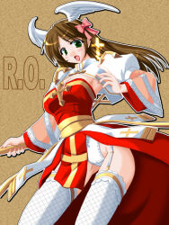 1girl arch_bishop_(ragnarok_online) bow breasts brown_background brown_hair cleavage commentary_request copyright_notice cowboy_shot cross dress fake_wings feathered_wings fingernails fishnet_thighhighs fishnets frilled_thighhighs frills garter_straps green_eyes hair_bow head_wings juliet_sleeves long_hair long_sleeves looking_at_viewer medium_breasts open_mouth panties pink_bow pink_nails puffy_sleeves ragfes ragnarok_online red_dress sash shrug_(clothing) simple_background smile solo strapless strapless_dress tatsumi_ray thighhighs underwear variant_set white_panties white_thighhighs white_wings wings
