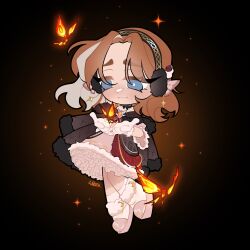 1girl argyle_clothes argyle_coat argyle_hairband bare_shoulders black_background black_choker black_hairband blue_eyes boots bright_pupils brown_hair bug butterfly character_request chibi choker closed_mouth coat coat_on_shoulders commentary commission dress earmuffs english_commentary eyelashes eyes_visible_through_hair frilled_sleeves frills frown fur-trimmed_boots fur-trimmed_coat fur-trimmed_dress fur_trim gem genshin_impact grey_coat grey_hair hair_ribbon hairband highres insect lace-trimmed_choker lace_trim light_blush long_sleeves looking_at_animal medium_dress multicolored_boots multicolored_hair off-shoulder_dress off_shoulder orange_butterfly orange_gemstone parted_bangs petticoat pink_boots pink_dress raised_inner_eyebrows ribbon sad signature simple_background socks solo sparkle standing streaked_hair thick_eyebrows two-tone_boots two-tone_hair vision_(genshin_impact) white_boots white_pupils white_socks wikate