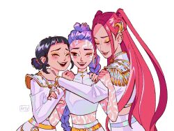 Rule 34 | 3girls, ari vsart, artist name, belt, black hair, body markings, braid, brown eyes, closed eyes, commentary, covered collarbone, crop top, cropped jacket, demon girl, double bun, english commentary, eyeliner, eyeshadow, friends, group hug, hair bun, hair ornament, hair up, hand on another&#039;s arm, hand on another&#039;s shoulder, happy, highres, hug, hug from side, kpop demon hunters, leaning on person, leaning to the side, light blush, long braid, long sleeves, looking back, makeup, mira (kpop demon hunters), multiple girls, official alternate costume, one eye closed, open mouth, orange eyeliner, orange eyeshadow, parted lips, purple hair, red hair, red lips, rumi (kpop demon hunters), shade, short bangs, simple background, single braid, skirt, sleeveless, smile, standing, tan, tearing up, teeth, twintails, upper body, upper teeth only, white background, zoey (kpop demon hunters)