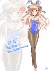 Rule 34 | 1girl, alternate costume, animal ear hairband, animal ears, black collar, black pantyhose, blue leotard, bow, bowtie, breasts, brown eyes, brown hair, character name, cleavage, clothes writing, collar, detached collar, fake animal ears, full body, hairband, hand on own hip, hashtag commentary, headgear, johnston (kancolle), kantai collection, koshigaya tatsumi, leotard, medium breasts, pantyhose, playboy bunny, rabbit ears, solo, spoken blush, strapless, strapless leotard, two side up, white bow, white bowtie, wrist cuffs