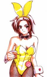 1girl alcohol animal_ears between_breasts breasts brown_eyes brown_hair fake_animal_ears female_focus fishnet_pantyhose fishnets glass leotard lighter lowres maguta maguta_(c-arts) medium_breasts pantyhose playboy_bunny rabbit_ears short_hair solo wine