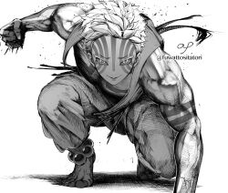 1boy akaza_(kimetsu_no_yaiba) barefoot beads closed_mouth colored_eyelashes evil_smile full_body fuwattositatori grey_pants greyscale highres kimetsu_no_yaiba male_focus monochrome muscular muscular_male pants simple_background smile solo squatting veins veiny_arms white_background white_eyes white_hair