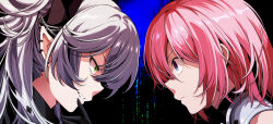 Rule 34 | 2girls, black hands, colored extremities, demon girl, demon horns, eyeshadow, fate/grand order, fate (series), finger to mouth, green eyes, grey hair, hair around horn, hair over one eye, horns, lilith (fate), lilith (second ascension) (fate), long hair, looking at another, makeup, mash kyrielight, multiple girls, pink hair, purple eyes, shaded face, shadow, short hair, simple background, smile, staring, teeth, tsukumo (soar99)