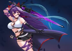 1girl absurdres arm_tattoo back_tattoo belt black_skirt breasts chest_tattoo facial_tattoo fiery_horns gloves hair_between_eyes heterochromia highres holding holding_sword holding_weapon horns jacket large_breasts leather leg_tattoo long_hair mai_noboshi purple_eyes purple_hair red_eyes single_glove skirt sword tattoo virtual_youtuber weapon white_belt