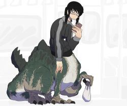 absurdres bag black_hair black_jacket cellphone centauroid claws closed_mouth dinosaur_girl dinosaur_tail full_body glasses half-closed_eyes highres holding holding_bag holding_phone jacket jimiko looking_at_phone monster_girl original phone plastic_bag slouching smartphone tail taur tekondo white_background zipper_pull_tab