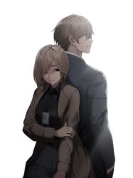 1boy 1girl belt black_eyes black_jacket black_pants black_shirt brother_and_sister brown_coat brown_hair cero_(last2stage) closed_mouth coat commentary commission dated_commentary english_commentary girls&#039;_frontline hair_between_eyes hair_over_one_eye hand_in_pocket hand_on_arm highres holding_own_arm id_card jacket light_(girls&#039;_frontline) long_hair long_sleeves looking_at_viewer looking_away open_clothes open_coat open_mouth pants shaded_face shadowless_(girls&#039;_frontline) shirt short_hair siblings smile standing white_background