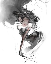 1girl absurdres arm_up black_dress black_hair breasts closed_mouth dress evil_smile fullmetal_alchemist grey_hair half-closed_eyes highres kanji_(nievart) large_breasts long_claws long_hair lust_(fma) multicolored_hair red_eyes simple_background smile solo two-tone_hair upper_body very_long_claws white_background