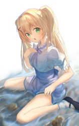 1girl :o absurdres black_shoes blonde_hair blue_ribbon blue_skirt blush commentary_request frilled_shirt frilled_socks frills full_body green_eyes hair_intakes hair_ornament hand_up high-waist_skirt highres long_hair looking_at_viewer neck_ribbon ribbon river shirt shoes simple_background sitting skirt skirt_hold socks solo summer_pockets thighs traum tsumugi_wenders twintails wading wariza wet wet_clothes wet_shirt wet_skirt wet_socks white_background white_shirt white_socks x_hair_ornament
