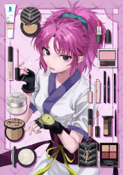 Rule 34 | 1girl, absurdres, black eyes, cosmetics, highres, hunter x hunter, japanese clothes, kimono, lipstick tube, looking at viewer, machi komacine, mouth hold, pincushion, pink hair, re tae44, solo, thread