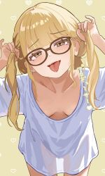 1girl amashi_2278 blush breasts brown-framed_eyewear bunching_hair collarbone commentary_request downblouse fujita_kotone gakuen_idolmaster glasses head_tilt heart highres idolmaster leaning_forward looking_at_viewer no_pants see-through_silhouette shirt simple_background small_breasts smile solo thighs tongue tongue_out translation_request white_shirt