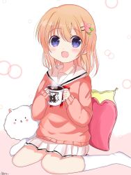 1girl akira_(aki_raoo) animal bow bowtie coffee coffee_mug commentary_request cup flower gochuumon_wa_usagi_desu_ka? hair_flower hair_ornament hairclip highres holding holding_cup hoto_cocoa long_hair looking_at_viewer mug open_mouth orange_hair pillow pleated_skirt purple_eyes rabbit school_uniform serafuku sitting skirt sleeves_past_wrists smile socks steam sweater tippy_(gochiusa) wariza