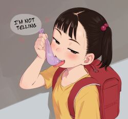 1girl backpack bag beads blush brown_hair collarbone commentary condom condom_in_mouth cum ear_blush english_commentary english_text hair_beads hair_ornament half-closed_eyes highres holding holding_condom loli looking_at_viewer mouth_hold naughty_face okymir open_mouth original randoseru red_bag seductive_smile shirt short_hair smile solo speech_bubble tongue tongue_out upper_body used_condom yellow_shirt