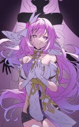 1girl absurdres bare_shoulders black_shorts breasts commentary_request corset cowboy_shot diamond-shaped_pupils diamond_(shape) elf elysia_(herrscher_of_human:_ego)_(honkai_impact) elysia_(honkai_impact) gloves highres honkai_(series) honkai_impact_3rd hyume_26 large_breasts long_hair parted_lips pink_hair pointy_ears purple_eyes short_shorts shorts symbol-shaped_pupils thighs triquetra unfinished very_long_hair white_corset white_gloves