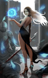 1girl absurdres armor battle blood bloody_weapon breasts castle cleavage dress green_eyes highres lips long_hair magician original sword warrior weapon wizard zamash