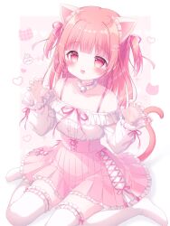 1girl :d :o absurdres animal_ear_fluff animal_ears bare_shoulders bell blush bow breasts cat_ears cat_girl cat_tail choker cleavage collar collarbone fang frills full_body hair_between_eyes hair_bow hair_ornament hair_ribbon heart highres jingle_bell long_hair long_sleeves looking_at_viewer medium_breasts no_shoes off_shoulder open_mouth original paw_pose pink_eyes pink_hair pleated_skirt red_eyes ribbon shirt sitting skirt sleeves_past_wrists smile solo tail tail_bow tail_ornament tail_raised tail_ribbon thighhighs twintails two_side_up usami_cocoa wariza white_shirt zettai_ryouiki