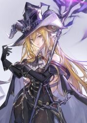 Rule 34 | 1girl, adjusting clothes, adjusting headwear, animal ears, arknights, ascot, bare shoulders, black ascot, black cape, black dress, black gloves, black hat, black pantyhose, blonde hair, breasts, brooch, cape, collared dress, commentary, contrapposto, cowboy shot, degenbrecher (arknights), degenbrecher (the shadow of the dark moon) (arknights), detached sleeves, dress, expressionless, gloves, goat ears, goat horns, goat tail, hair between eyes, hand up, hat, high collar, highres, holding, holding staff, horns, horns through headwear, jewelry, large breasts, large hat, long hair, looking at viewer, official alternate costume, pantyhose, pimi, solo, staff, star brooch, sword, symbol-only commentary, two-tone dress, weapon, white dress, witch hat, yellow eyes