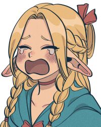 1girl blonde_hair blue_robe blush braid choker closed_eyes commentary_request crying dungeon_meshi hair_ribbon highres korean_commentary long_hair marcille_donato margare open_mouth pointy_ears red_choker ribbon robe side_braids simple_background solo tears upper_body white_background