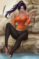 1girl 2023 arduin_(arduin_art) artist_name bare_shoulders barefoot bleach breasts collarbone dark-skinned_female dark_skin female_focus hair_ornament large_breasts lips long_hair looking_at_viewer parted_bangs patreon_username ponytail purple_hair rock shihouin_yoruichi sitting steam sword water weapon yellow_eyes zangetsu_(shikai) zanpakutou