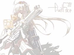 1girl armored_core armored_core_nexus dual_face female_focus fromsoftware gender_request genderswap genobee gun hier long_hair mecha_musume solo weapon white_background