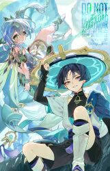 Rule 34 | 1boy, 1girl, anklet, arm at side, arm up, armlet, armor, arms behind back, bell, belt, black belt, black bodysuit, black bow, black bridal gauntlets, black hair, black leggings, black shorts, blue cape, blue gemstone, blue hat, blue kimono, blue sleeves, blunt ends, blush, bodysuit, bow, bracelet, bridal gauntlets, bright pupils, cape, closed mouth, cross-shaped pupils, detached sleeves, dress, eyelashes, eyeliner, eyeshadow, fingernails, furisode, gem, genshin impact, gold, gold ring, gold trim, green cape, green eyes, green gemstone, green hair, green sleeves, hair between eyes, hair ornament, hakama, hakama shorts, half crown braid, hand on own arm, hat, highres, japanese armor, japanese clothes, jewelry, jingasa, juban, kado 51, kimono, kote, kurokote, layered sleeves, leaf, leaf hair ornament, leg warmers, leggings, long hair, looking at viewer, looking back, makeup, mandarin collar, middle ring, multicolored hair, nahida (genshin impact), nogi (nokisaki), on grass, open clothes, open kimono, open mouth, pleated shorts, pointy ears, purple eyes, purple rope, purple sash, red eyeliner, red eyeshadow, rope, sash, scaramouche (genshin impact), short sleeves, shorts, shoulder peek, side ponytail, sidelocks, sitting, smile, socks, stirrup footwear, streaked hair, symbol-shaped pupils, tareme, tassel, toenails, toes, tsurime, twitter username, wanderer (genshin impact), watermark, white dress, white hair, white kimono, white leg warmers, white mouth, white pupils, white sleeves, white socks, wispy bangs