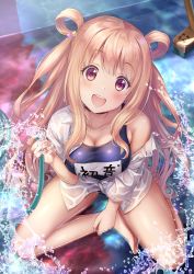 Rule 34 | 1girl, :d, absurdres, bare shoulders, blonde hair, blue one-piece swimsuit, blush, breasts, character name, choker, cleavage, collared shirt, commentary request, empty pool, from above, hair between eyes, hair ornament, hair rings, hand on ankle, hatsune (princess connect!), hatsune (real) (princess connect!), head tilt, highres, holding, holding hose, hose, large breasts, long hair, looking at viewer, name tag, off shoulder, old school swimsuit, one-piece swimsuit, open mouth, partially unbuttoned, pool, princess connect!, purple eyes, school swimsuit, shirt, sidelocks, sitting, smile, star (symbol), star hair ornament, swimsuit, very long hair, water, wet, wet clothes, white shirt, yuririn poi