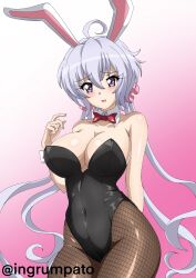 Rule 34 | 1girl, absurdres, ahoge, animal ear hairband, animal ears, black leotard, bow, bowtie, breasts, brown pantyhose, covered navel, detached collar, fake animal ears, fishnet pantyhose, fishnets, grey hair, hairband, highres, kyomeihibiki, large breasts, leotard, long hair, looking at viewer, pantyhose, playboy bunny, purple eyes, rabbit ears, red bow, red bowtie, senki zesshou symphogear, solo, strapless, strapless leotard, twintails, twitter username, wrist cuffs, yukine chris