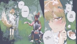 1boy 1other animal_ears backpack bad_id bad_twitter_id bag black_shorts blonde_hair blush boots bread_bun close-up collared_shirt commentary dante_(limbus_company) e.g.o_(project_moon) flinch food fox_ears fox_tail from_side full_body hair_between_eyes highres inactive_account jacket korean_commentary korean_text light_frown limbus_company looking_at_another looking_at_viewer male_focus maratang object_head outdoors project_moon raincoat red_jacket rubber_boots shirt short_hair shorts sinclair_(project_moon) speech_bubble sunshower_(e.g.o) tail thought_bubble yellow_eyes