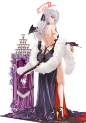 1girl absurdres alternate_costume backless_dress backless_outfit bare_shoulders black_dress black_gloves black_shoes blue_archive closed_mouth demon_tail demon_wings dress elbow_gloves fatkewell feather_boa from_behind full_body gloves halo haruna_(blue_archive) high_heels highres long_hair looking_at_viewer looking_back red_eyes shoes simple_background smile solo standing tail white_background white_hair wings
