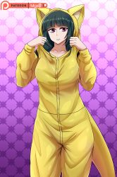 1girl abra abra_(cosplay) absurdres animal_ears artist_name black_hair buttons cosplay crossover english_text gen_1_pokemon gym_leader highres komi-san_wa_komyushou_desu long_hair mgx0 nintendo pajamas patreon_logo pokemon pokemon_rgby purple_background red_eyes sabrina_(pokemon) tail