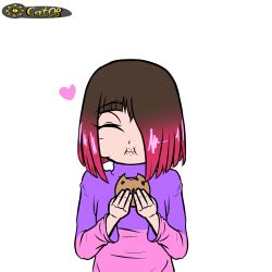 bete_noire brown_hair closed_eyes cookie eating food glitchtale highres pink_hair pink_heart pink_shirt purple_shirt shirt short_hair undertale white_background
