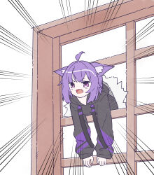 1girl absurdres ahoge animal_ear_fluff animal_ears aoi_himari black_hoodie cat_ears cat_girl commentary emphasis_lines fang highres hololive hood hoodie nekomata_okayu nekomata_okayu_(1st_costume) open_mouth purple_eyes purple_hair roaring shouji shouting skin_fang sliding_doors strap striped_clothes striped_hoodie stuck through_wall virtual_youtuber