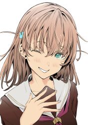 Rule 34 | 1girl, ;d, absurdres, aqua eyes, blush, brown dress, brown hair, collarbone, commentary request, dress, grin, hair between eyes, hair intakes, hair ornament, hand up, hasu no sora school uniform, highres, hinoshita kaho, link! like! love live!, long hair, looking at viewer, love live!, medium hair, neckerchief, one eye closed, open hand, open mouth, portrait, rabbit hair ornament, red neckerchief, sailor collar, sailor dress, school uniform, simple background, smile, solo, tommer, two side up, virtual youtuber, white background, white sailor collar, winter uniform