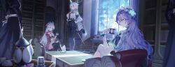 4girls absurdres ahoge armband arms_behind_back black_armband black_horns black_pants black_tail blue_eyes blue_flower book book_stack bookshelf boots bow breasts cantarella_(wuthering_waves) carlotta_(wuthering_waves) commentary crossed_legs cup curled_horns derk desert dress earrings english_commentary facial_mark flower grey_hair hair_bow hair_flower hair_ornament headdress high-waist_pants highres holding holding_cup horns indoors jacket jewelry large_breasts long_hair looking_at_viewer maid mark_under_eye multicolored_hair multiple_girls nail_polish necktie pants parted_lips pink_bow pink_jacket purple_hair purple_nails red_eyes red_necktie revision shirt shirt_tucked_in small_breasts smile streaked_hair table tail teacup teapot thigh_boots tight_clothes tight_pants white_dress white_shirt wuthering_waves zani_(wuthering_waves)