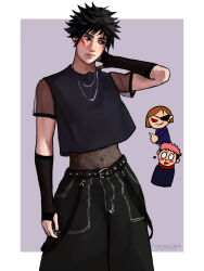 1girl 2boys absurdres alternate_costume arm_at_side arm_behind_back artist_name baggy_pants belt belt_buckle black_hair black_pants black_shirt blood blue_eyes blush brown_hair buckle chibi chibi_inset closed_mouth cowboy_shot cropped_shirt earrings eyepatch fingerless_gloves fishnet_gloves fishnets fushiguro_megumi gloves highres itadori_yuuji jewelry jujutsu_kaisen kugisaki_nobara lips looking_to_the_side male_focus midriff multiple_boys multiple_necklaces necklace nosebleed pants pink_hair purple_background rectangle scar scar_on_face see-through_clothes see-through_sleeves shirt short_hair short_sleeves simple_background smile solo_focus spiked_hair standing stud_earrings thejesscode two-tone_background undercut