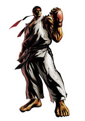 1boy 3d absurdres barefoot brown_eyes brown_hair capcom clenched_hand dougi fingerless_gloves foreshortening full_body gloves headband highres male_focus marvel marvel_vs._capcom marvel_vs._capcom_3 mori_toshiaki official_art raised_fist ryu_(street_fighter) simple_background solo street_fighter white_background