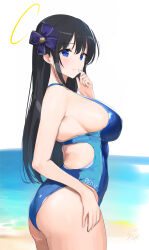 1girl ass back_cutout beach black_hair blue_eyes blush breasts clothing_cutout competition_swimsuit halo highres large_breasts light_smile looking_at_viewer looking_to_the_side one-piece_swimsuit ryouki_(senran_kagura) senran_kagura sideboob signature solo straight_hair swimsuit yaegashi_nan
