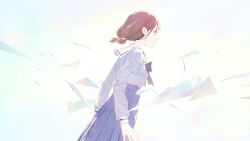 1girl blue_eyes blue_skirt bow breasts brown_hair girls_band_cry highres long_hair modare simple_background skirt solo standing togenashi_togeari twintails