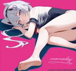 1girl absurdres animal_ears barefoot black_nails cat_ears chinese_commentary commentary_request copyright_request feet hair_ornament highres looking_at_viewer lying momobug22 one-piece_swimsuit pink_background purple_eyes simple_background soles solo swimsuit toes