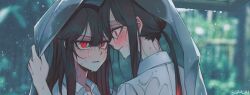 1boy 1girl black_hair blurry blurry_background blush brother_and_sister center-flap_bangs closed_mouth collared_shirt commentary_request contemporary covering_head fate/grand_order fate_(series) forehead-to-forehead hair_between_eyes hand_up heads_together hetero improvised_umbrella incest jacket_over_head korean_commentary lone_nape_hair long_hair looking_at_another looking_up low_ponytail nape oda_nobukatsu_(fate) oda_nobunaga_(fate) outdoors parted_lips ponytail rain raised_eyebrows red_eyes sempon_(doppio_note) shirt siblings sidelocks twitter_username v-shaped_eyebrows wet wet_clothes wet_face wet_hair white_shirt wide-eyed