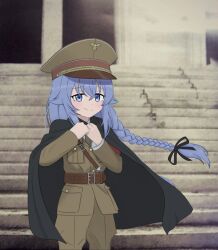 1girl armband belt black_cat03 blue_eyes blue_hair braid brown_belt brown_jacket brown_pants closed_mouth hat highres jacket long_hair looking_at_viewer military_hat military_jacket military_uniform mushoku_tensei nazi outdoors pants peaked_cap photo-referenced photo_background red_armband reichsadler roxy_migurdia shoulder_belt smirk solo stairs twin_braids
