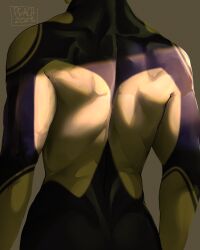 1boy arms_at_sides artist_name back back_focus colored_skin dated from_behind grey_background head_out_of_frame highres male_focus multicolored_skin peach-cup purple_skin shin_ultraman signature simple_background solo standing two-tone_skin ultra_series upper_body white_skin zoffy_(shin)