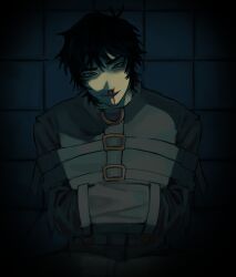 Rule 34 | 1boy, absurdres, bags under eyes, black eyes, black hair, blood, bound, bound arms, cry of fear, head tilt, highres, ji01 jiji, looking at viewer, male focus, messy hair, nosebleed, open mouth, short hair, simon henriksson, solo, straitjacket, tile wall, tiles, upper body